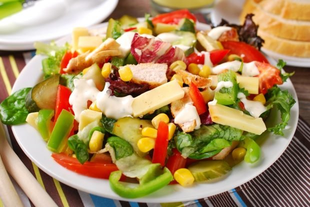 Chicken salad, vegetables and cheese
