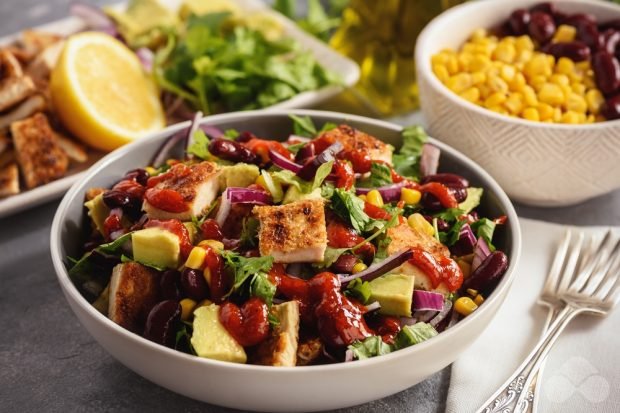 Chicken salad, red beans and corn