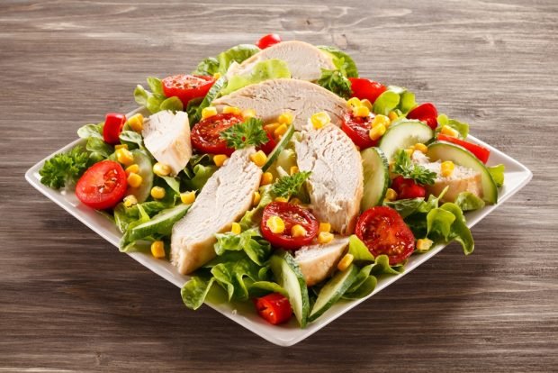 Chicken salad, vegetables and canned corn