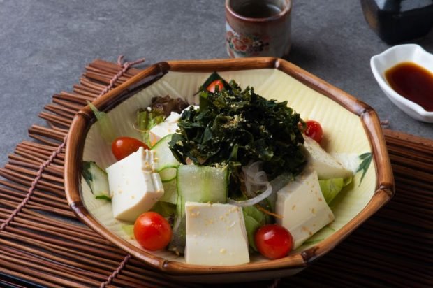 Sea cabbage salad, feta cheese, cucumbers and cherry tomatoes